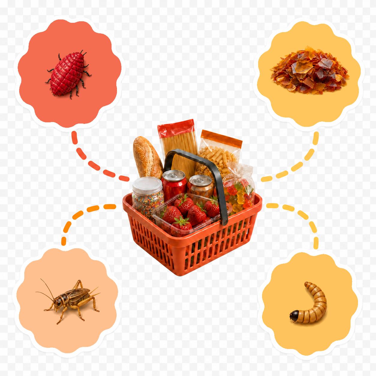 Shopping basket with food and references to cochineal, shellac, mealworm and house cricket